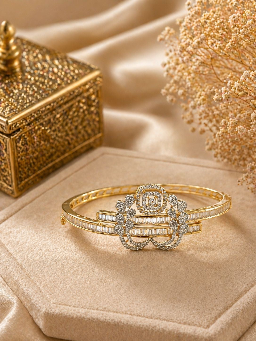 gold plated kada bracelet with diamond design motif and baguette zircon detailing