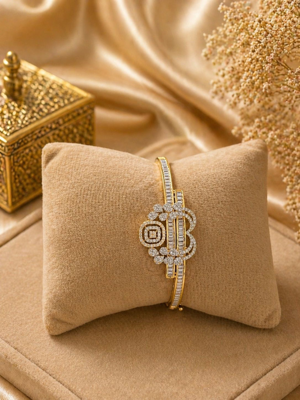 gold plated kada bracelet with diamond design motif and baguette zircon detailing