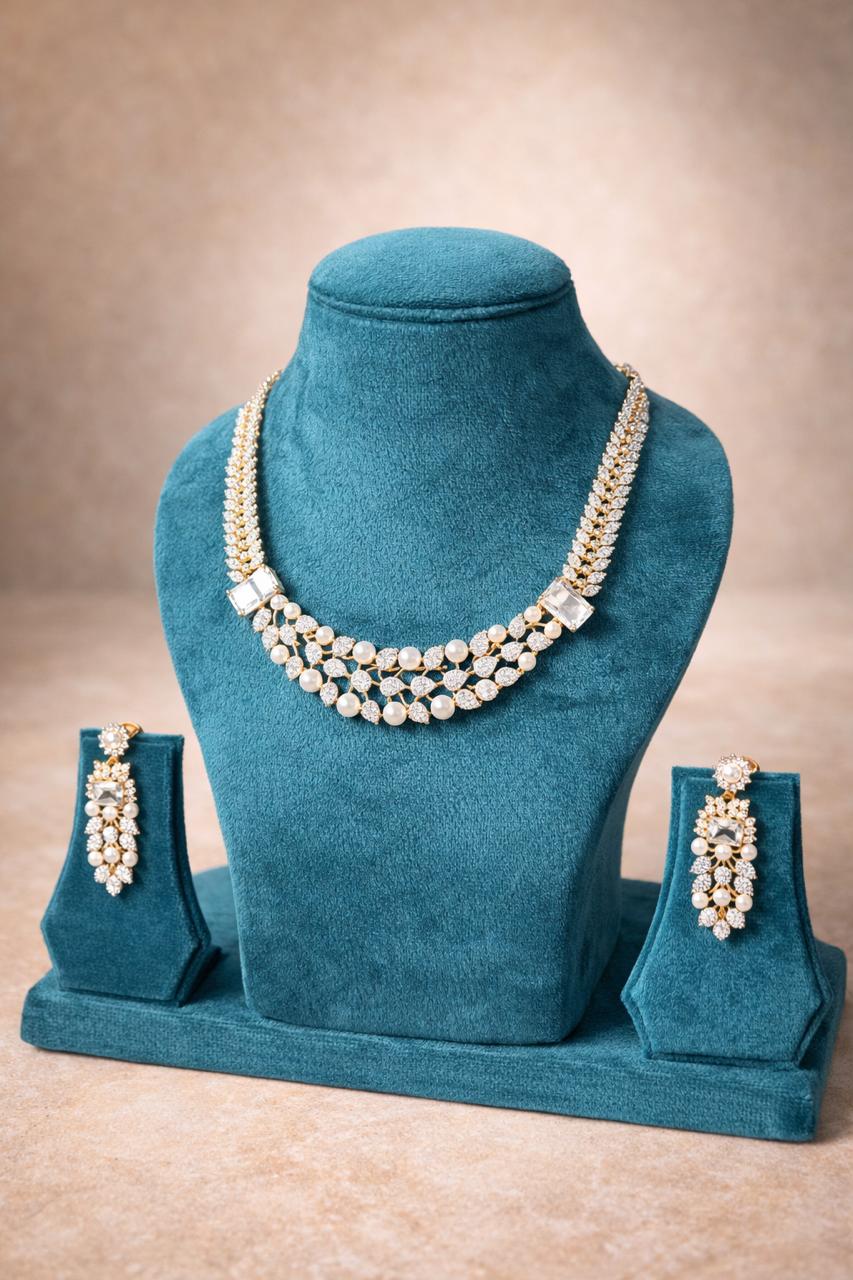 Real diamond look pearl statement necklace set with layered pearls for wedding and festive wear