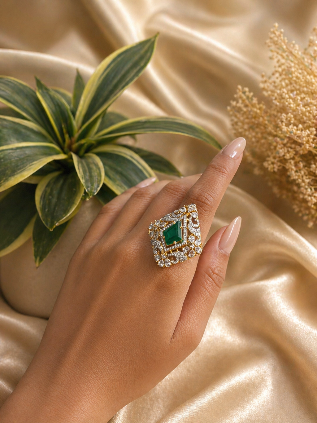 emerald cut green stone statement ring with zircon detailing gold finish adjustable design