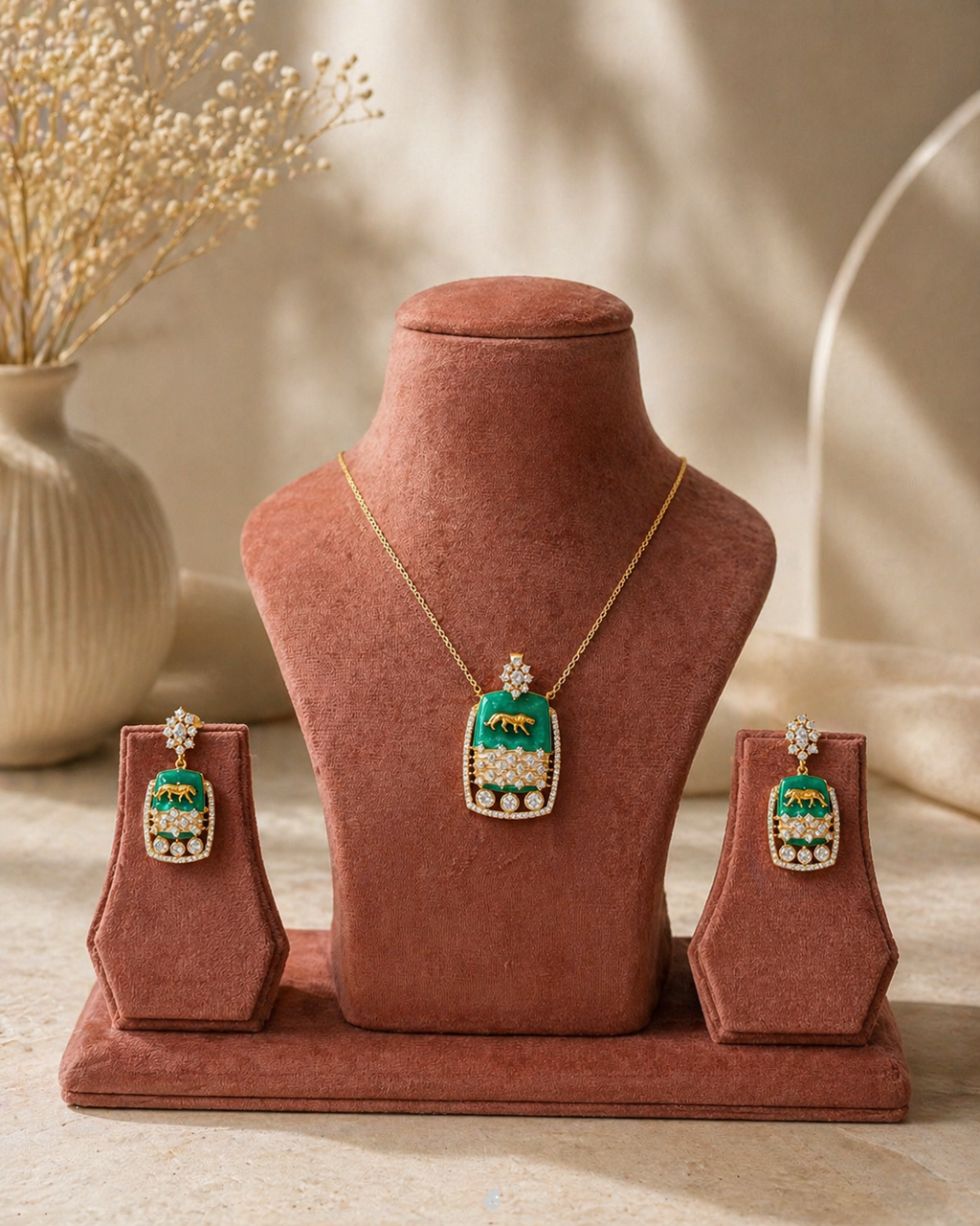 Emerald green enamel statement pendant set with crystal detailing for festive and modern wear