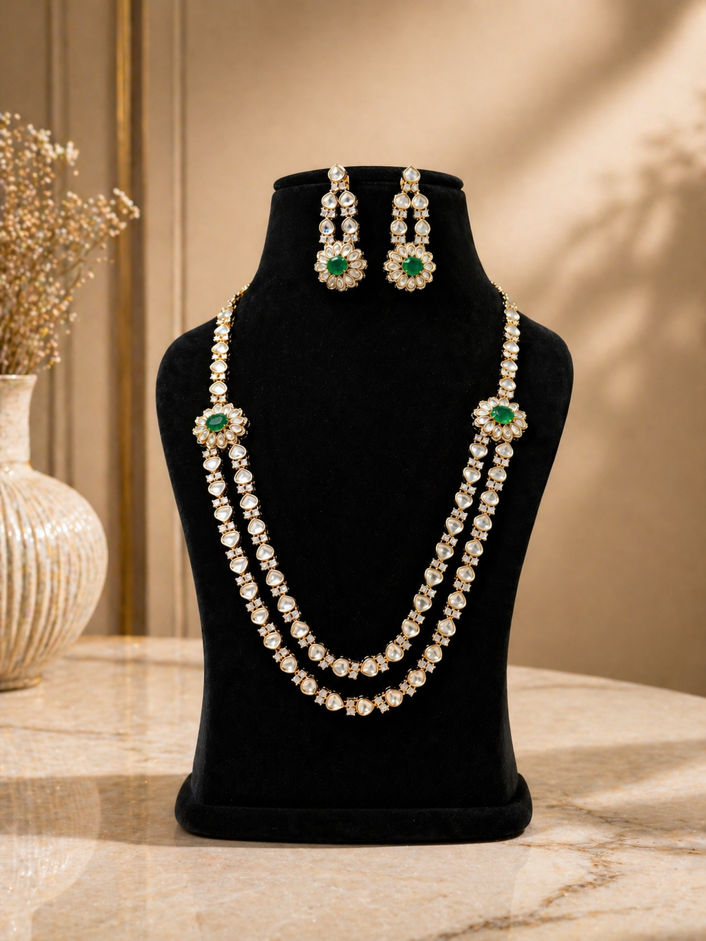 Polki layered necklace set with green stones for wedding and festive wear