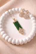 Real diamond look pendant set with emerald green bead tassels for festive and evening wear