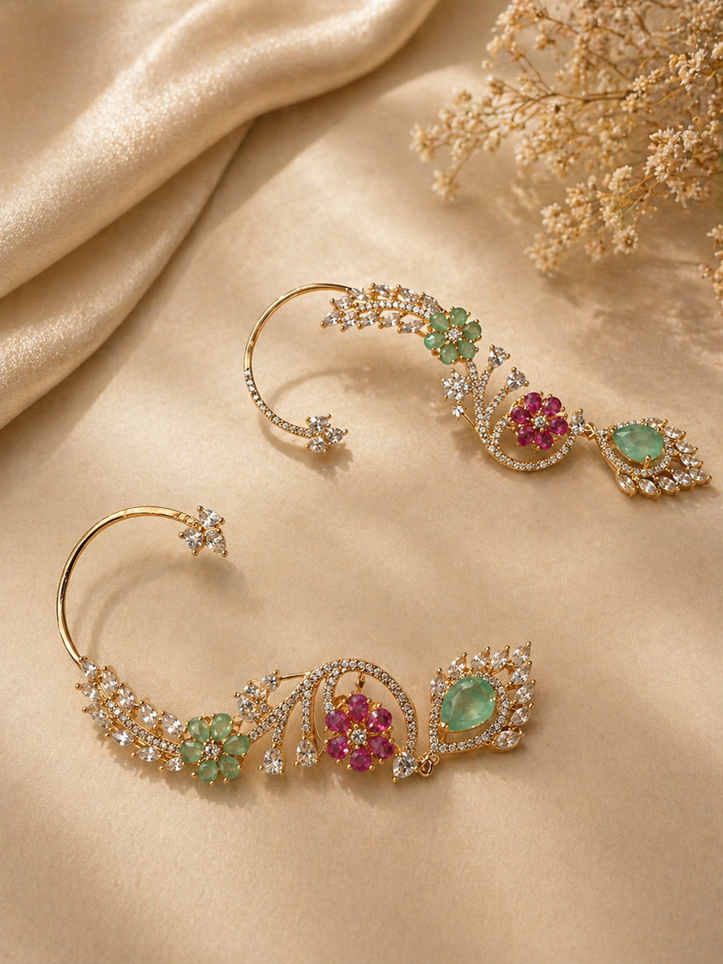 Floral ear cuff earrings with multicolor stones and crystal detailing for festive and fusion wear