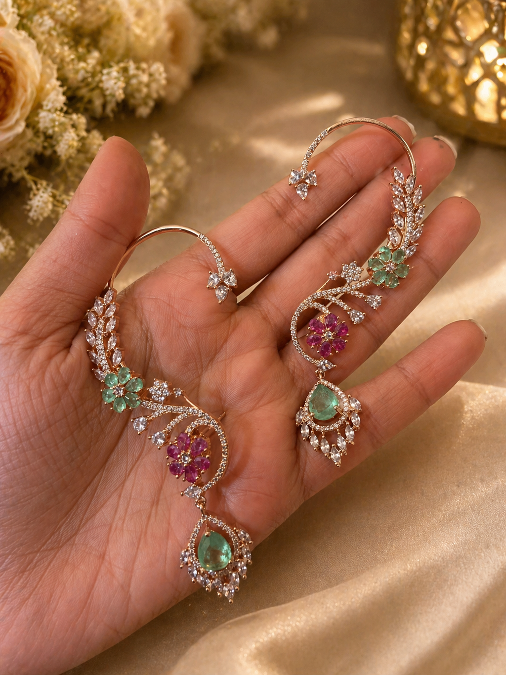Floral ear cuff earrings with multicolor stones and crystal detailing for festive and fusion wear