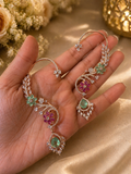 Floral ear cuff earrings with multicolor stones and crystal detailing for festive and fusion wear
