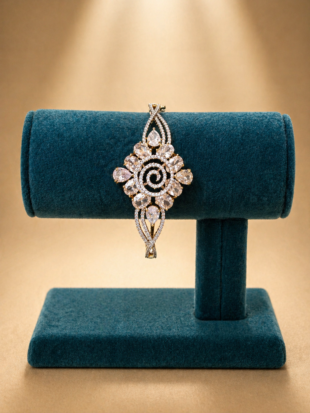 Floral statement bracelet with crystal design worn on hand for festive and elegant wear