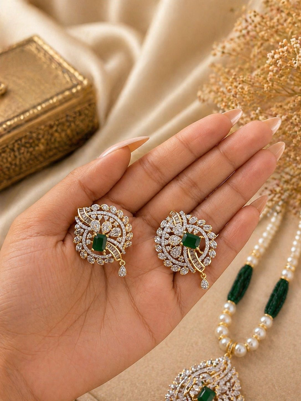 green stone gold plated pendant necklace set with pearl beads and matching earrings