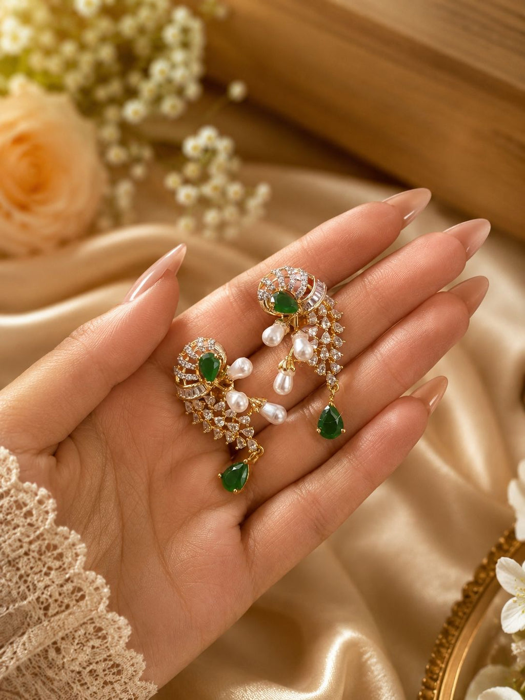 green stone pearl pendant necklace set with matching earrings displayed on pink stand