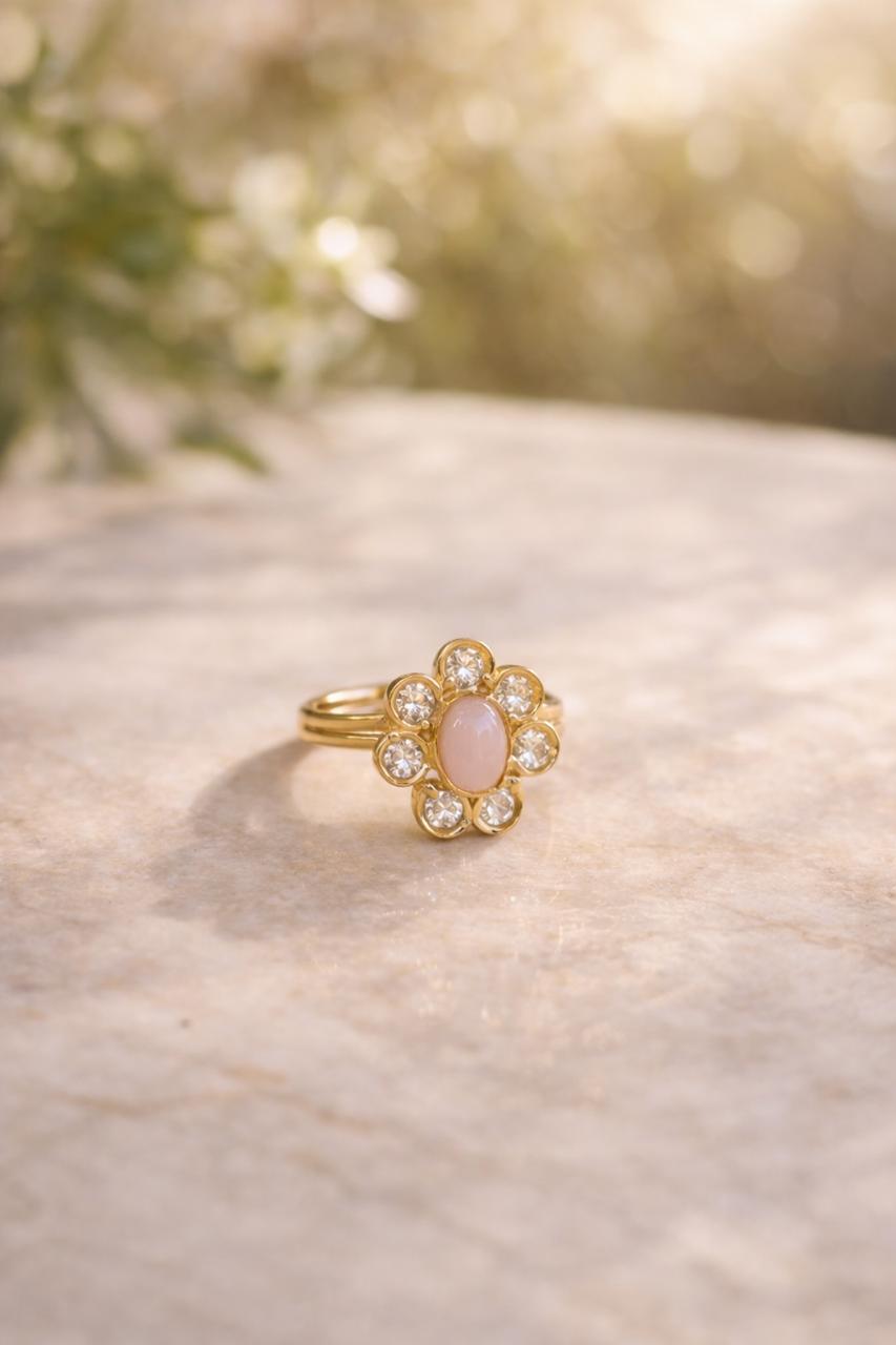 Floral statement ring with pink stone for festive and everyday wear