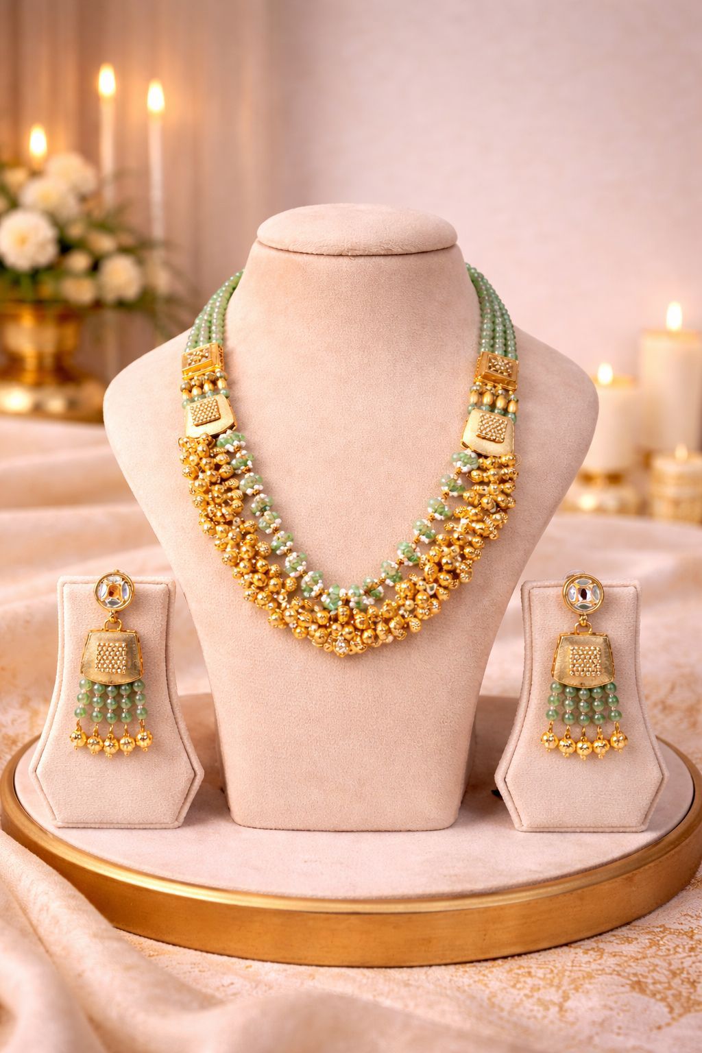 Real gold finish temple necklace set with mint green beads and traditional design for wedding and festive wear