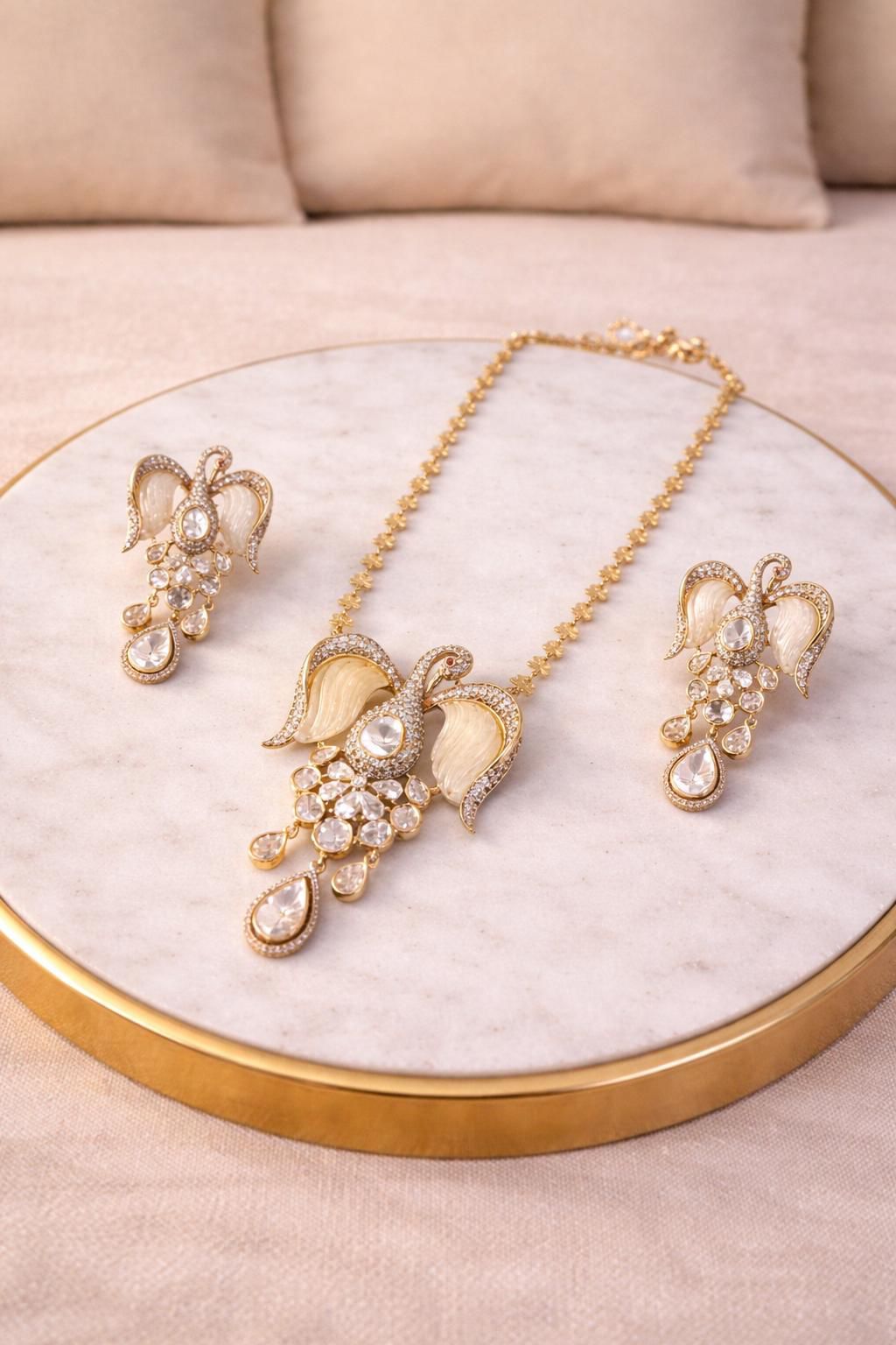 Real diamond polki look pendant set with ivory enamel floral design for wedding and festive wear