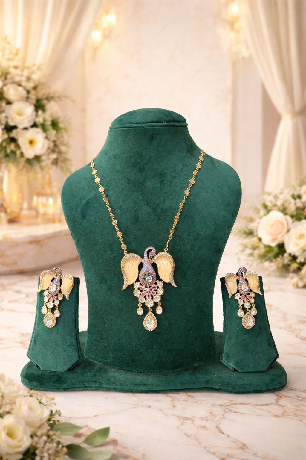 Real diamond polki look swan pendant set with ivory enamel design for wedding and festive wear