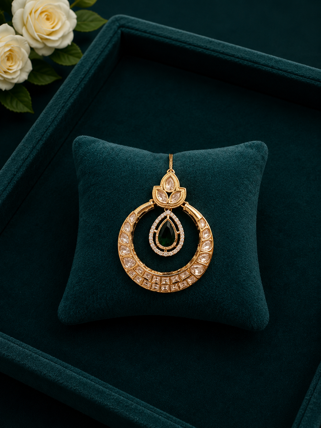 kundan circular maang tikka with emerald green drop stone on velvet tray