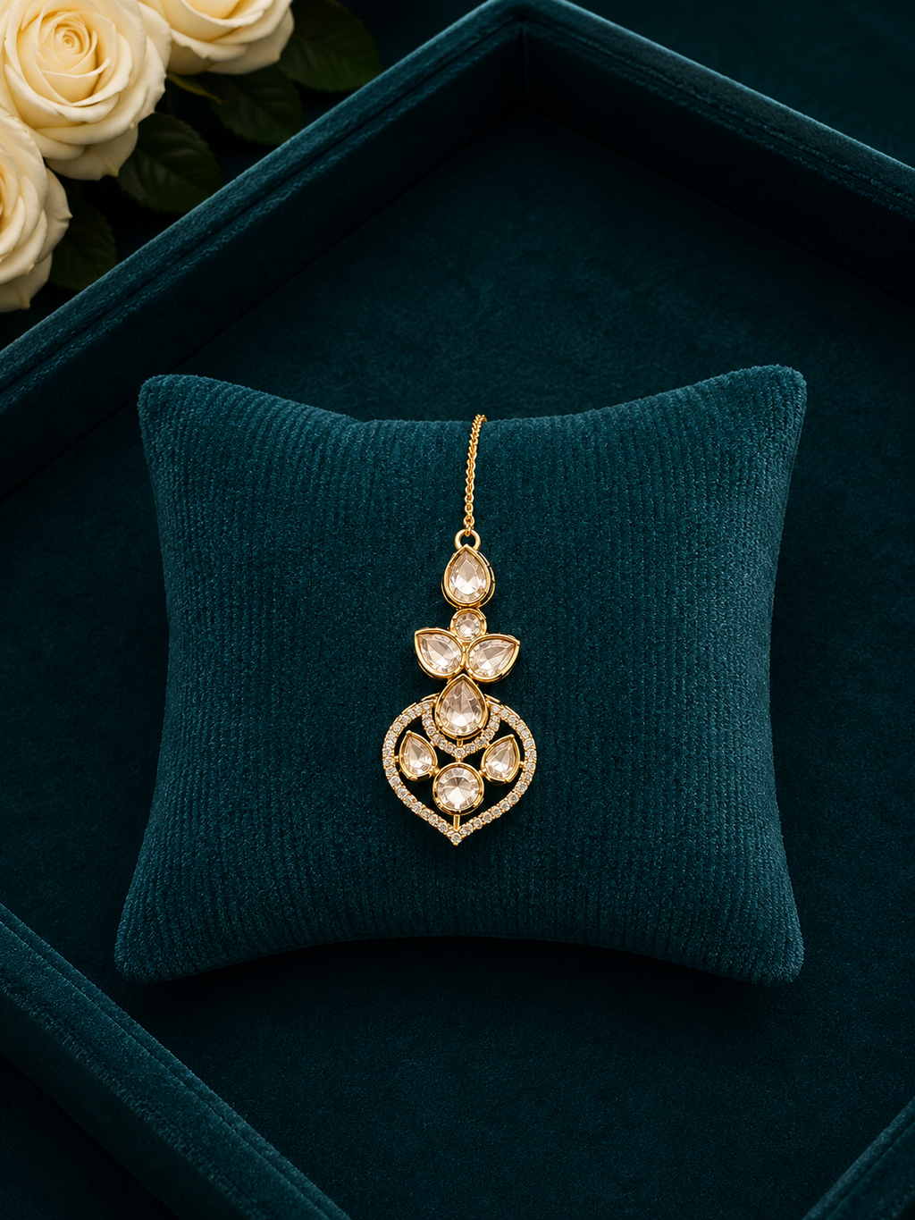 kundan heart motif maang tikka with diamond finish stones on velvet cushion