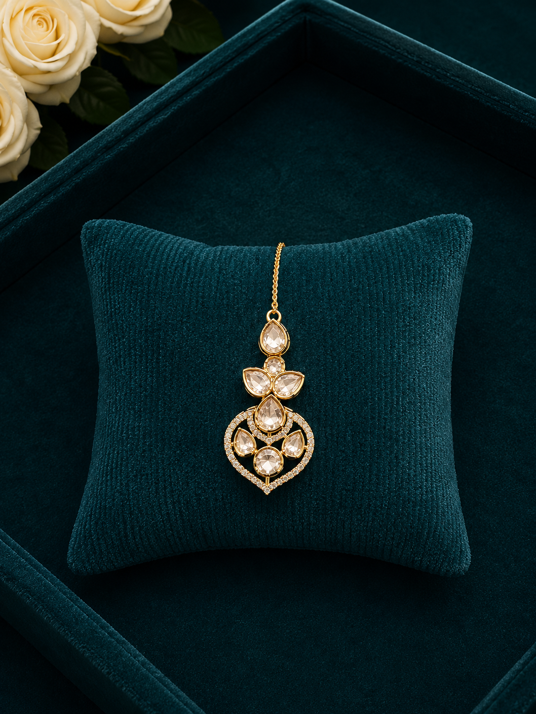 kundan heart motif maang tikka with diamond finish stones on velvet cushion