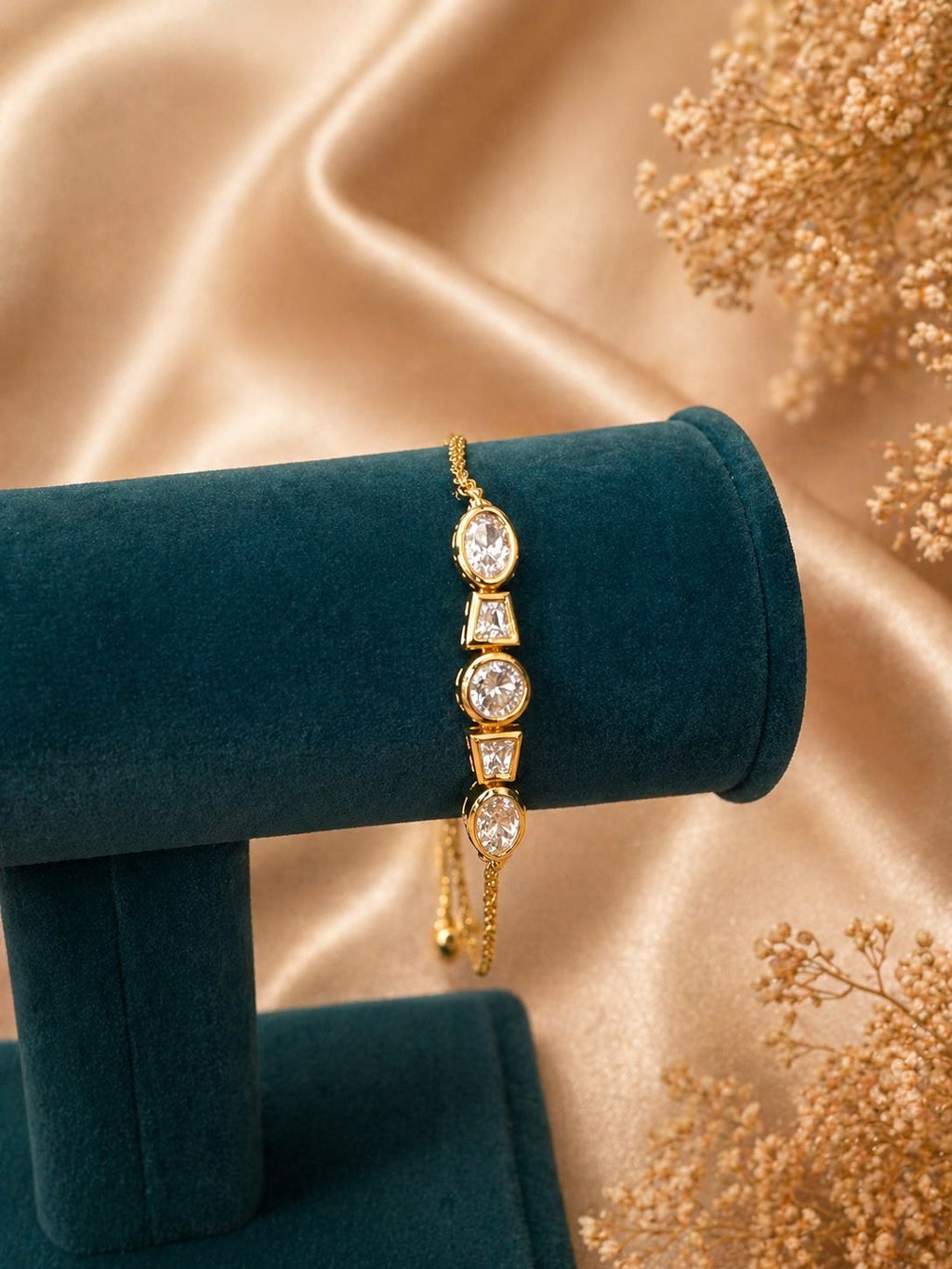 Minimal gold adjustable bracelet with geometric crystal stones and sliding clasp