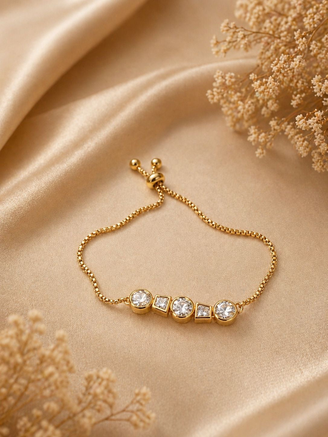 Minimal gold adjustable bracelet with geometric crystal stones and sliding clasp