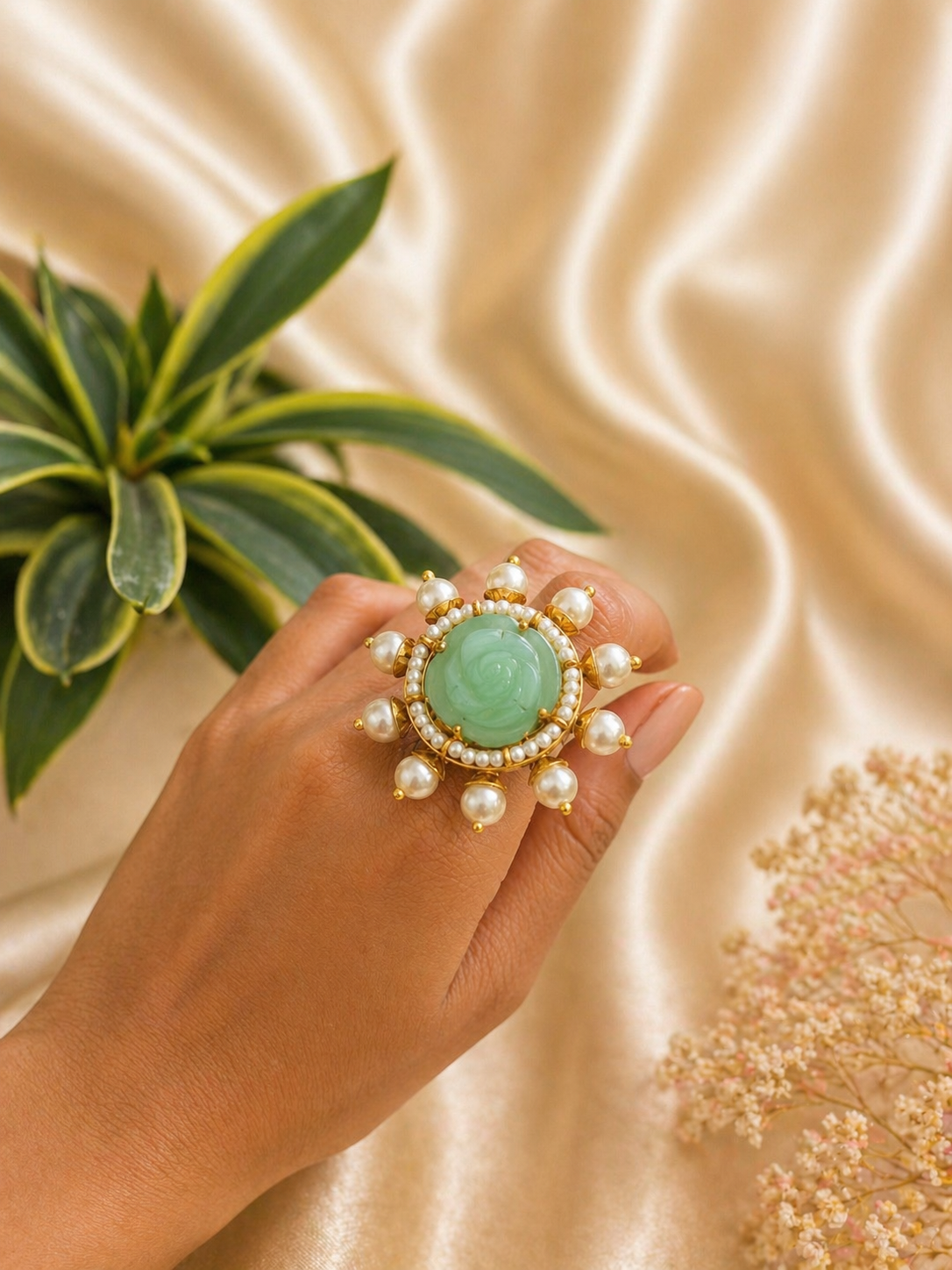 mint green stone pearl halo statement ring with gold finish adjustable design