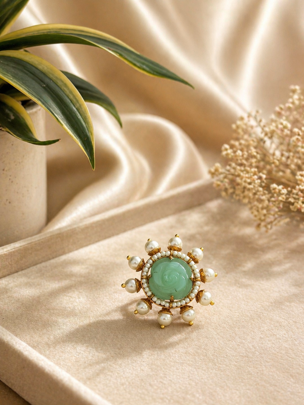 mint green stone pearl halo statement ring with gold finish adjustable design