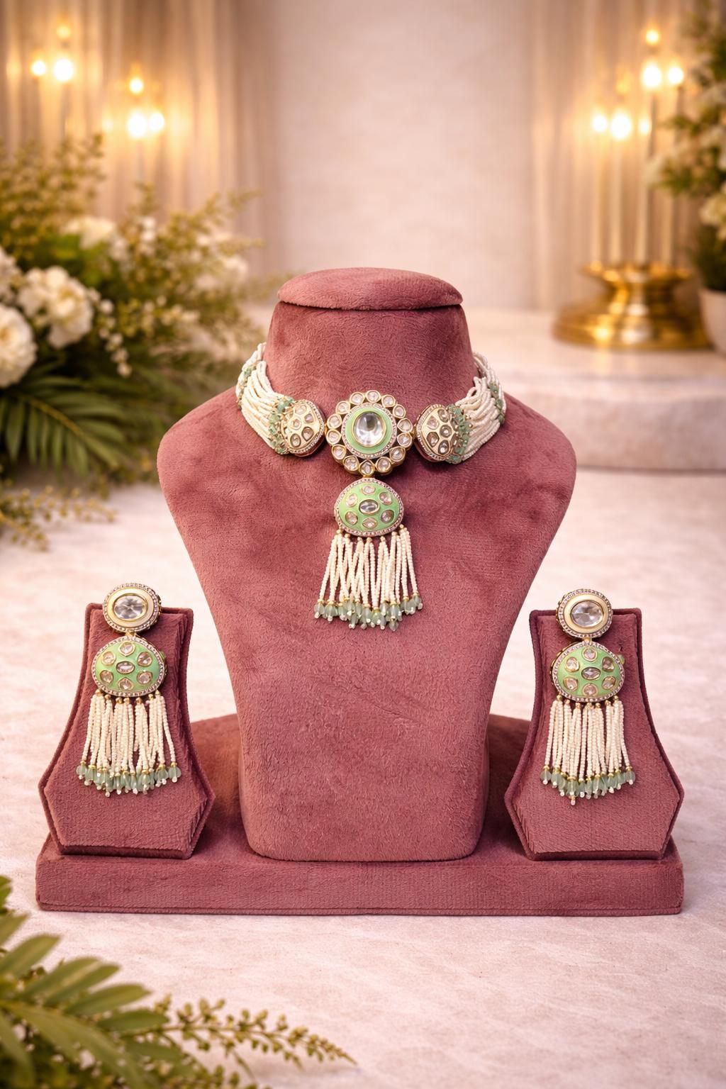 Real gold finish kundan choker set with mint green stones and traditional design for wedding and festive wear