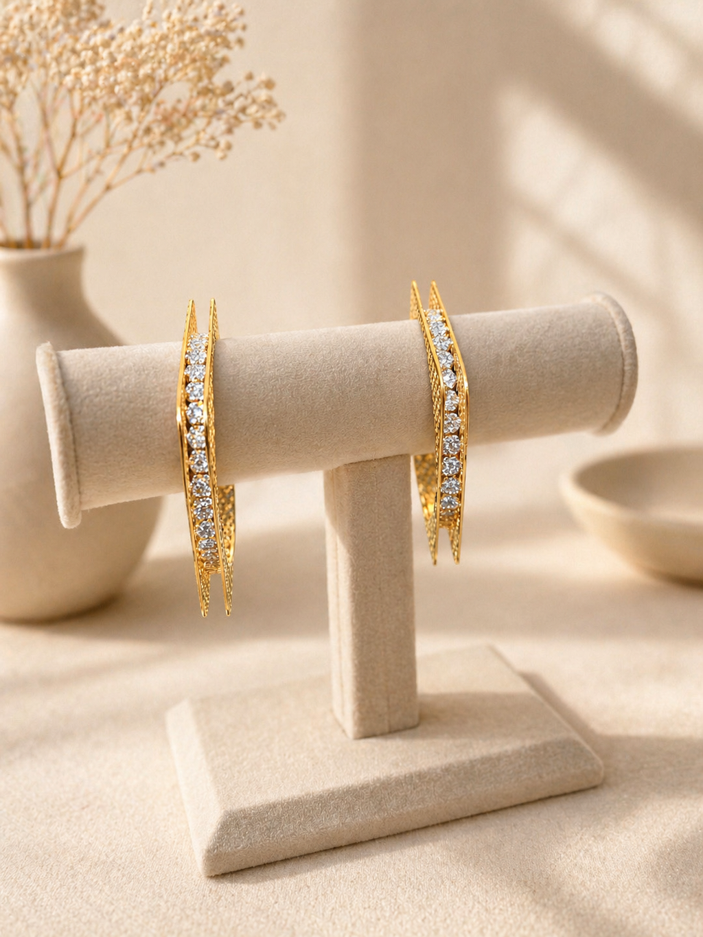 Modern mesh design statement bangles set worn on hand with crystal detailing for festive and evening wear