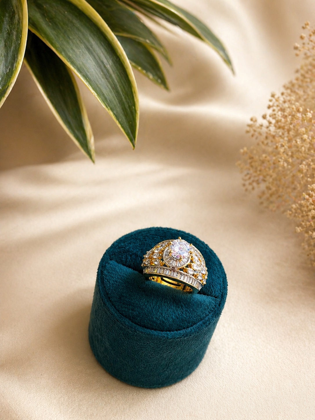 multi layer zircon statement ring with round solitaire accent gold finish worn on hand