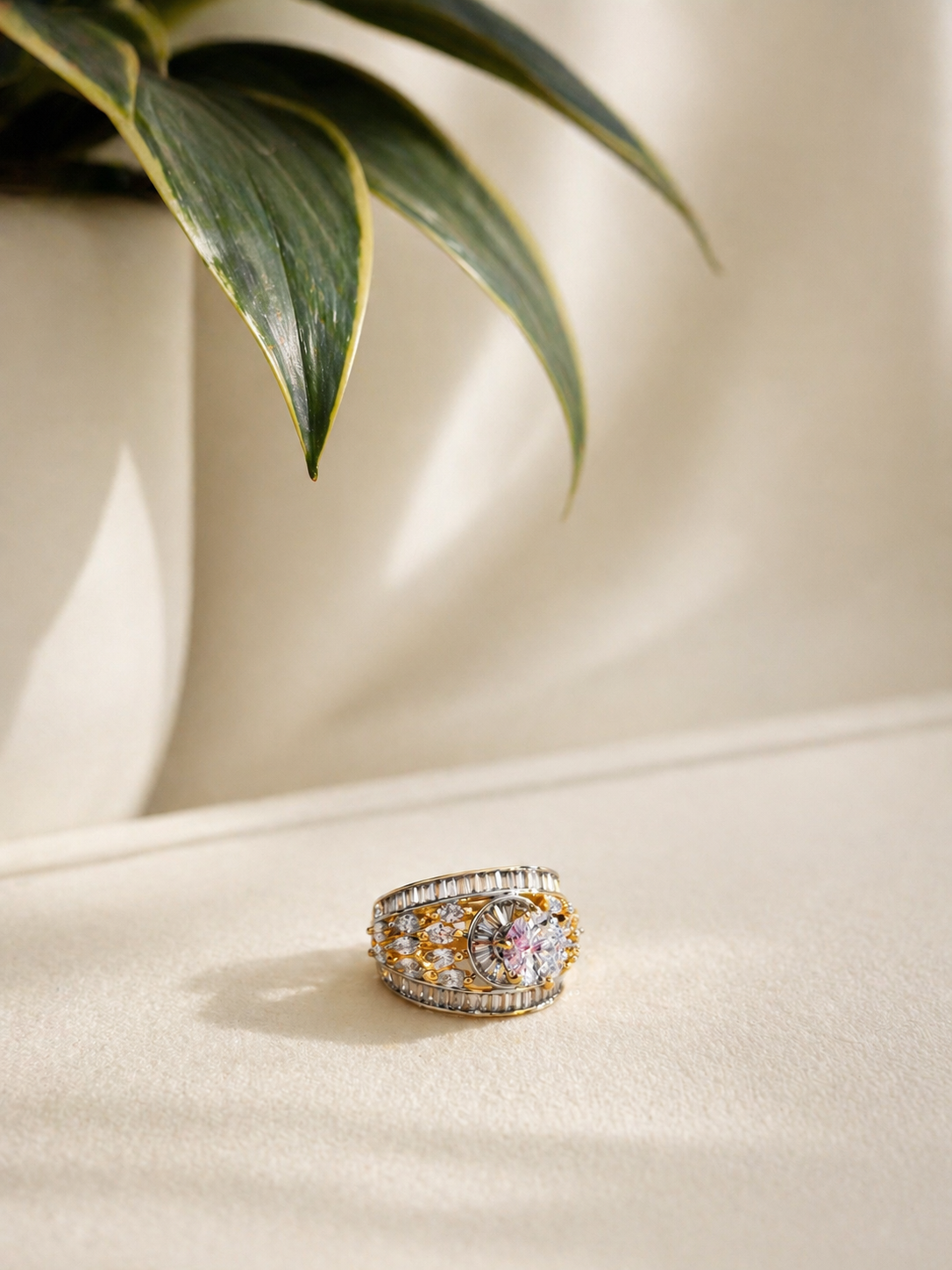 multi layer zircon statement ring with round solitaire accent gold finish worn on hand