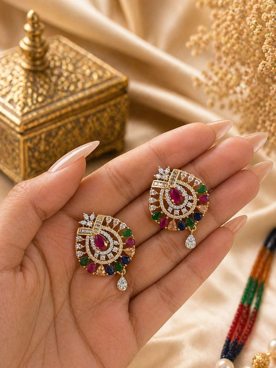 multicolor stone gold plated pendant necklace with beaded strings and matching earrings