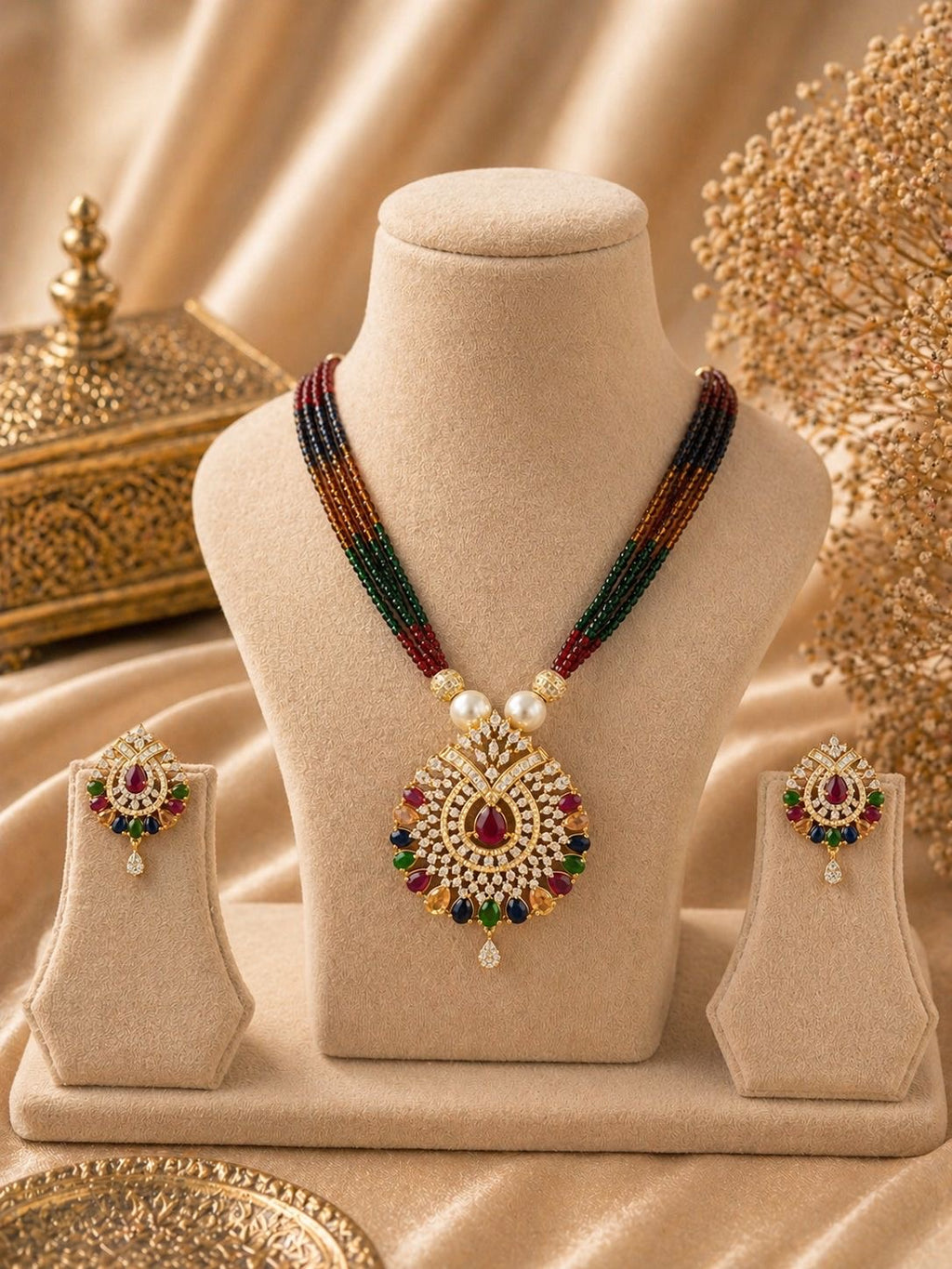multicolor stone gold plated pendant necklace with beaded strings and matching earrings