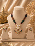 multicolor stone gold plated pendant necklace with beaded strings and matching earrings
