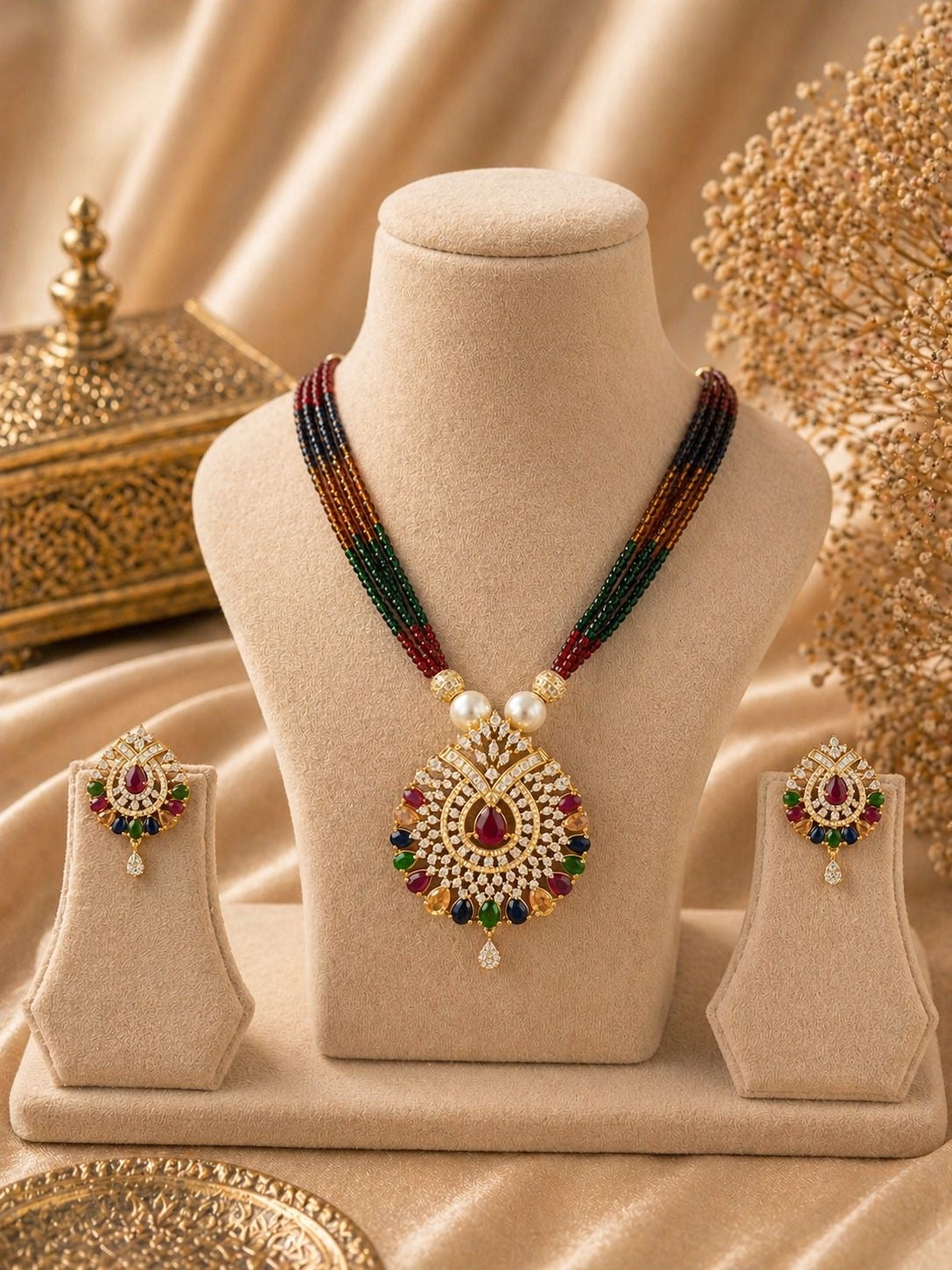 multicolor stone gold plated pendant necklace with beaded strings and matching earrings