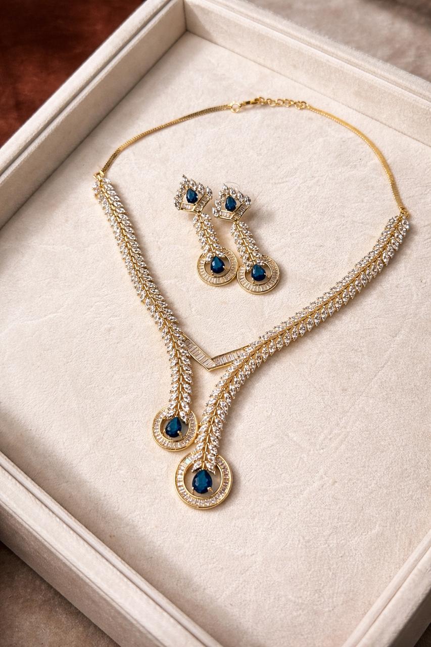 Real diamond look necklace set with blue stones for evening and festive wear