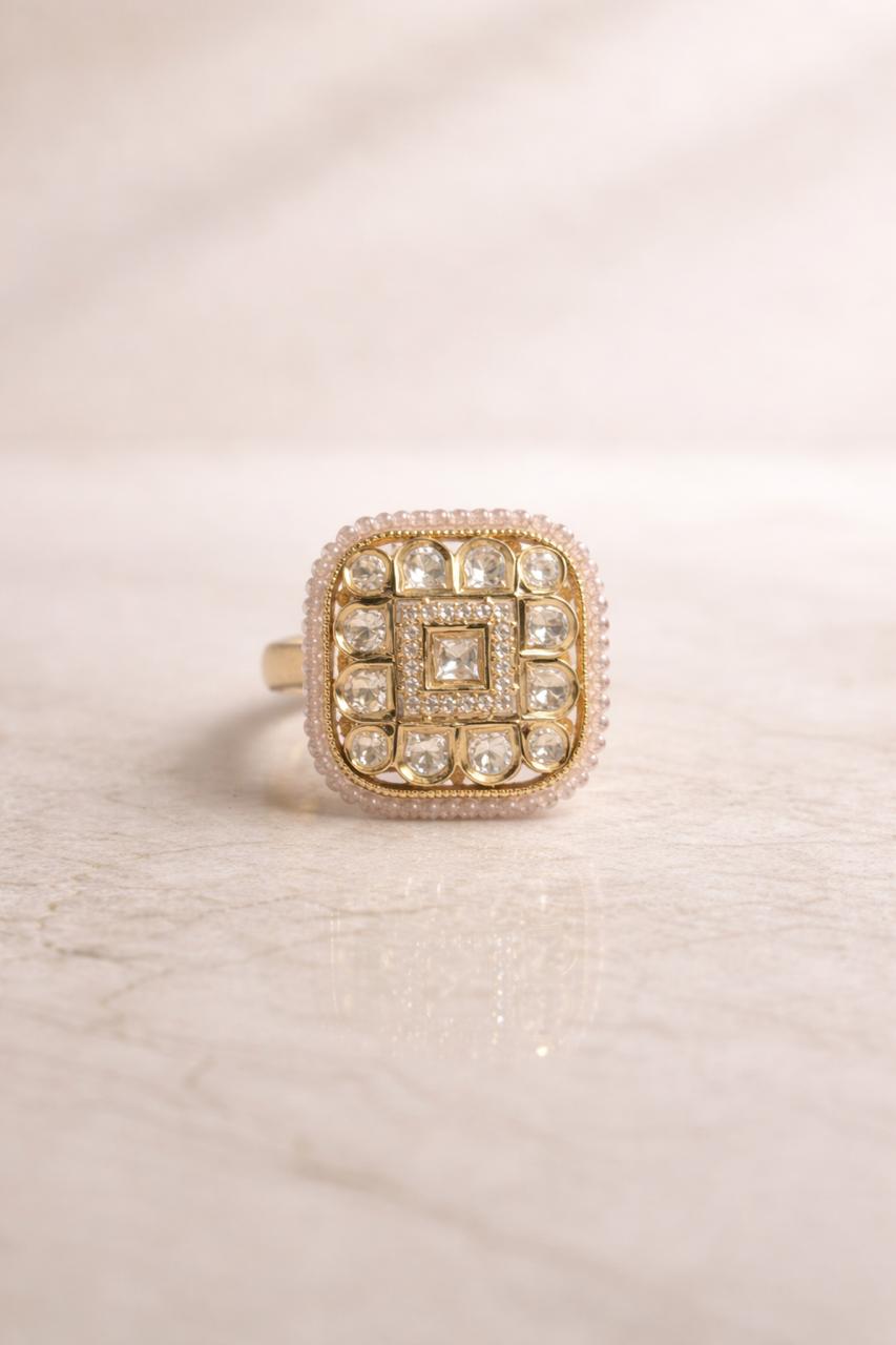 Geometric grid design statement ring with stone detailing for festive and stylish wear