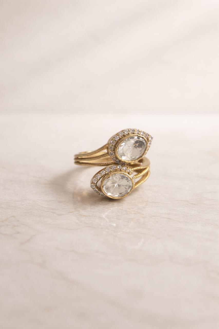 Dual stone polki statement ring worn on hand for festive and traditional wear