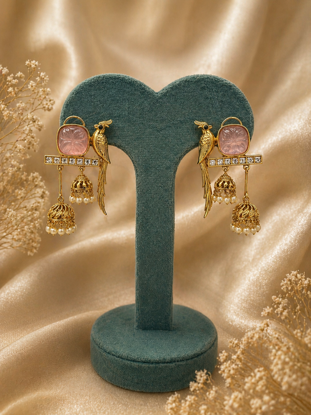 Parrot motif jhumka earrings with pink stone and pearl drops for festive and traditional wear