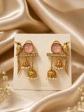 Parrot motif jhumka earrings with pink stone and pearl drops for festive and traditional wear