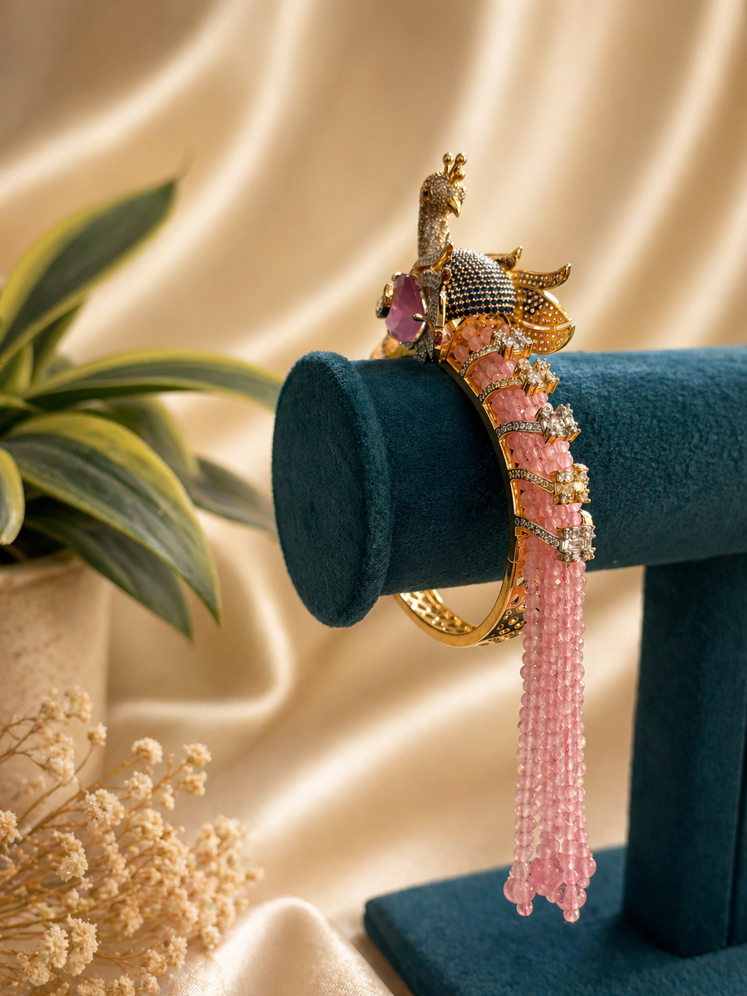 peacock design kada bracelet with pink bead tassels and intricate detailing