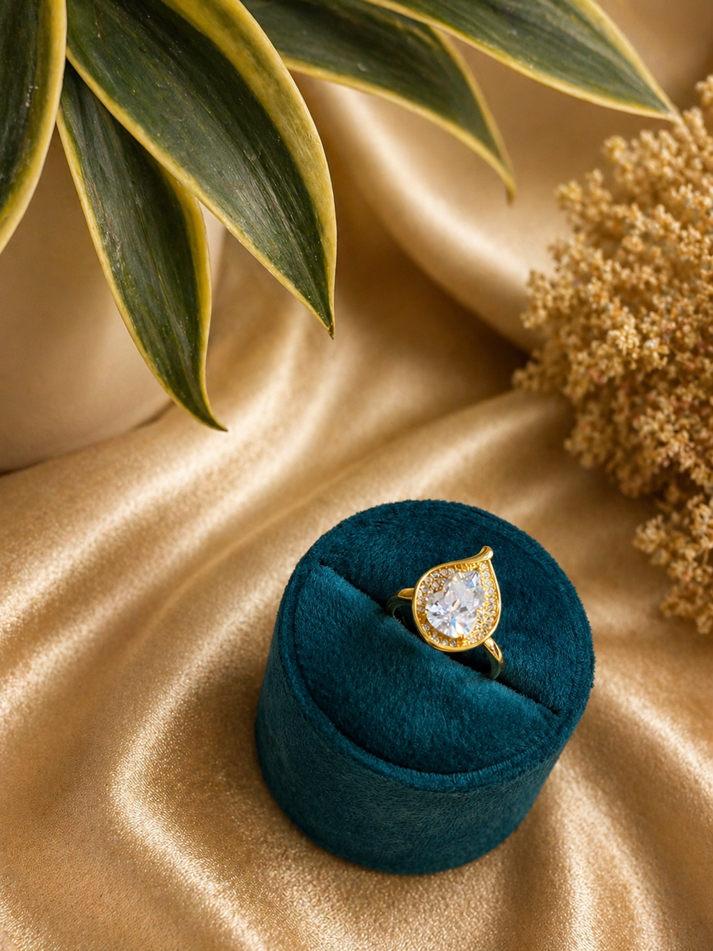 pear cut solitaire zircon halo ring gold finish adjustable design elegant statement ring
