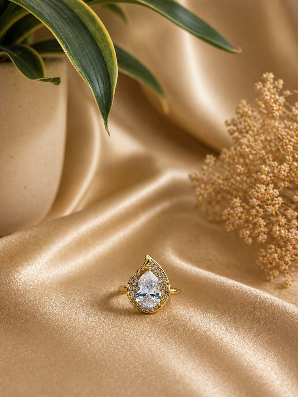 pear cut solitaire zircon halo ring gold finish adjustable design elegant statement ring