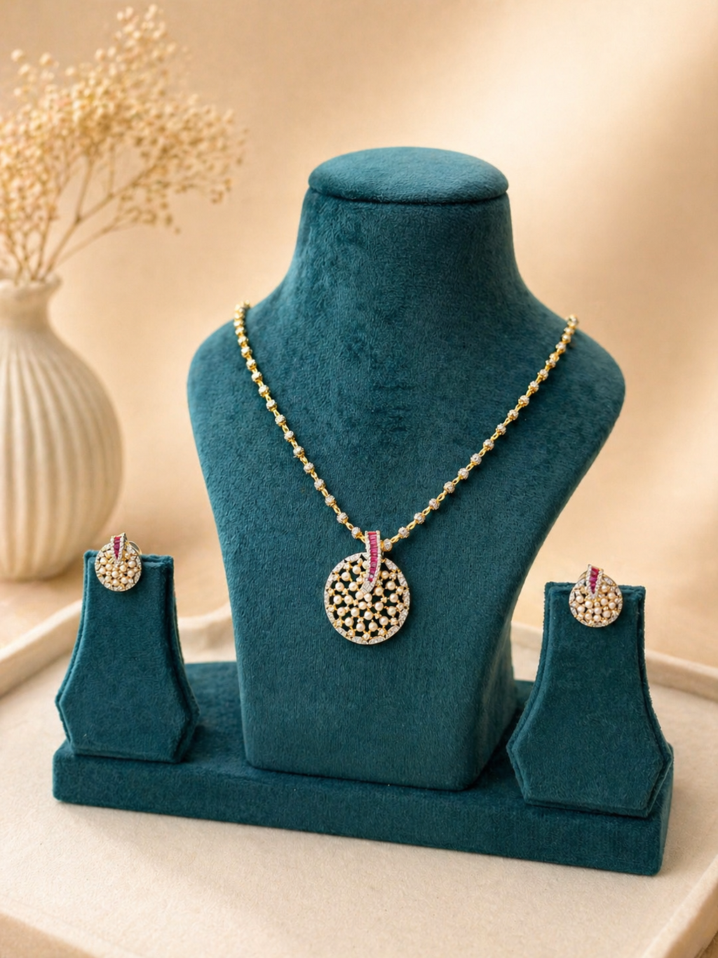 Pearl pendant set with ruby stone accent and crystal detailing for festive and elegant wear