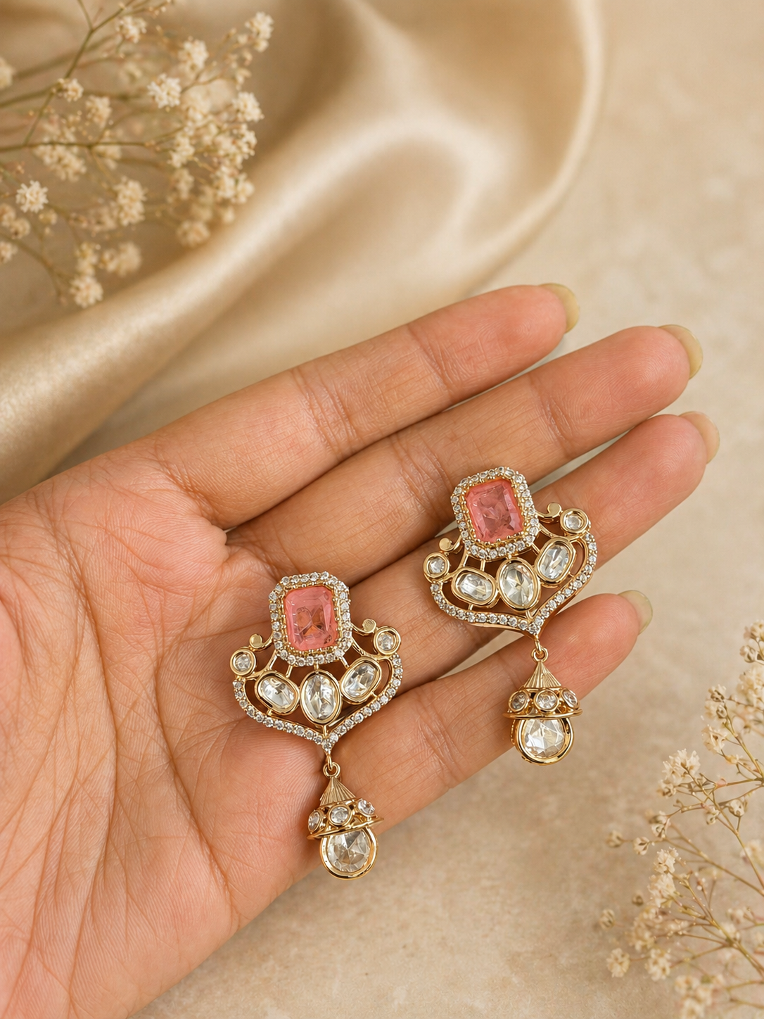 pink beaded necklace with kundan pendant and matching earrings