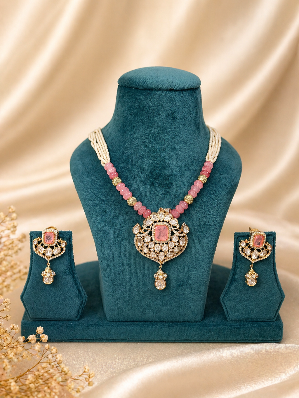 pink beaded necklace with kundan pendant and matching earrings