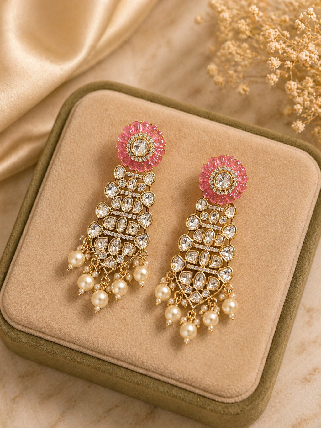 Pink polki statement earrings with pearl drops for festive and wedding wear
