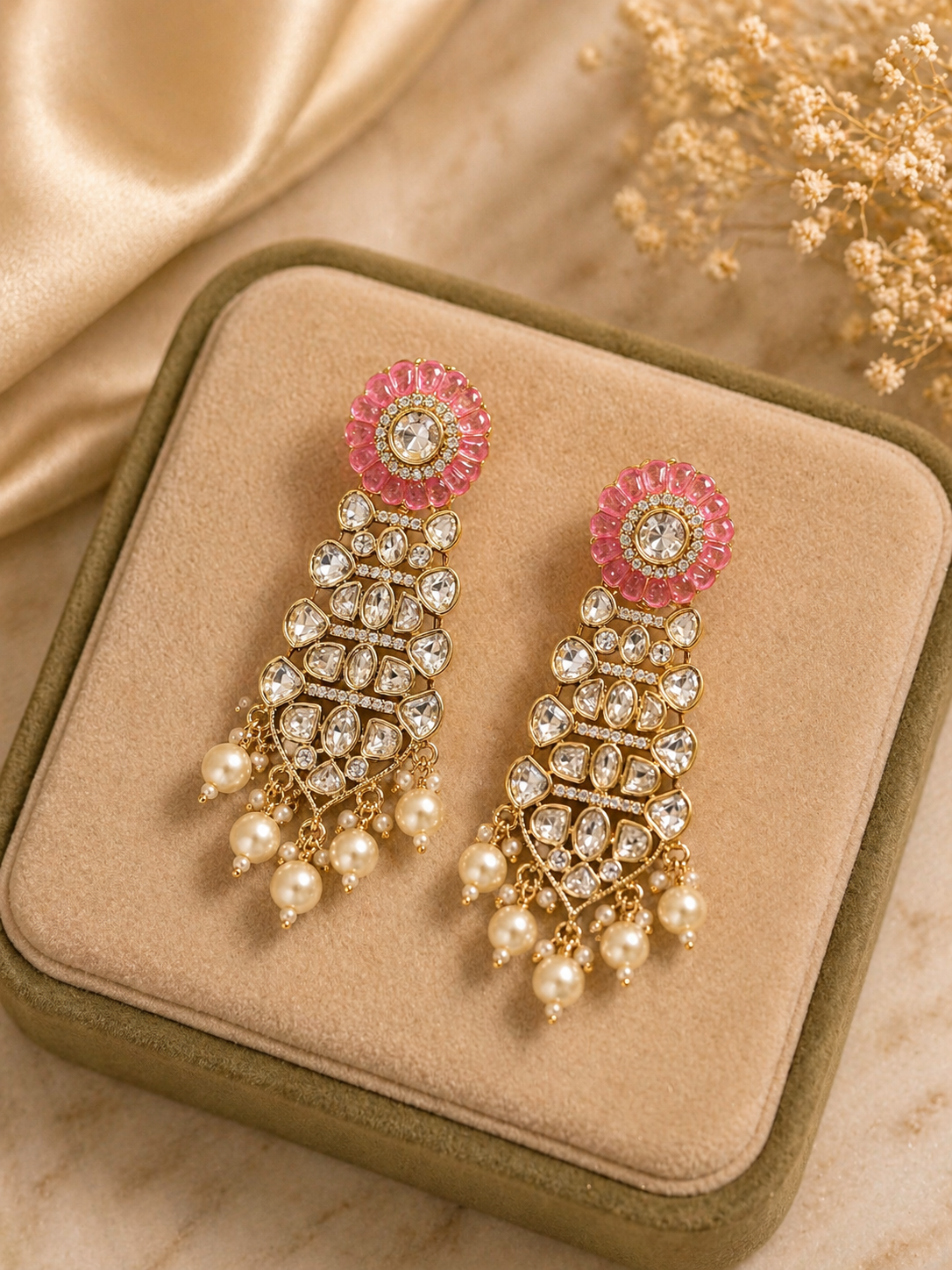 Pink polki statement earrings with pearl drops for festive and wedding wear