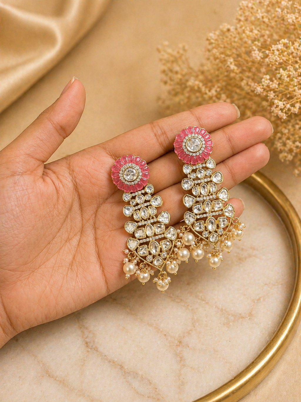 Pink polki statement earrings with pearl drops for festive and wedding wear