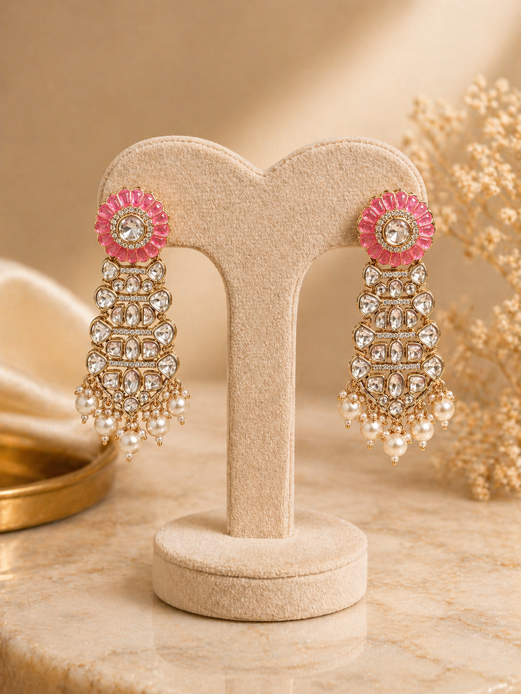 Pink polki statement earrings with pearl drops for festive and wedding wear