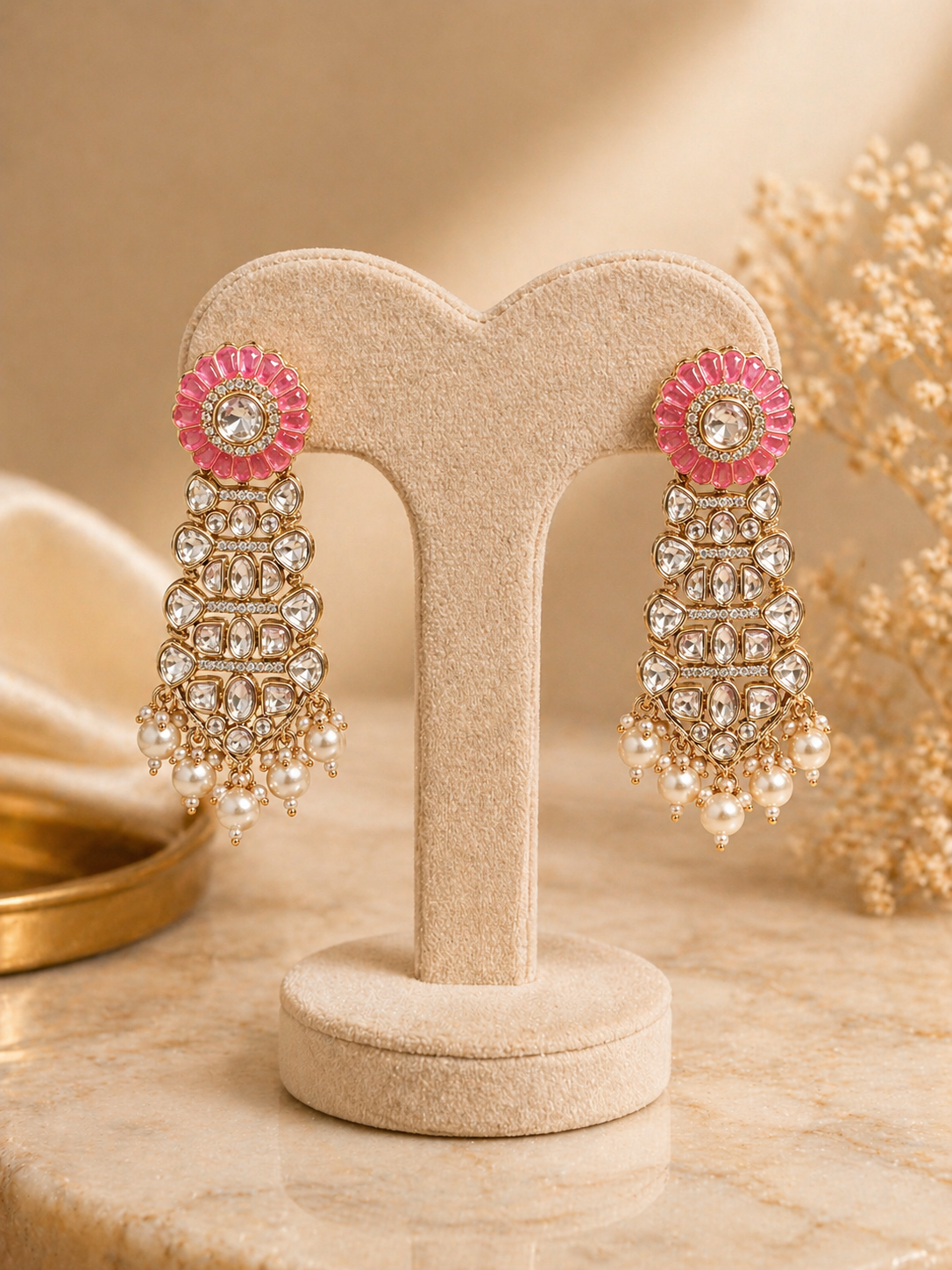 Pink polki statement earrings with pearl drops for festive and wedding wear