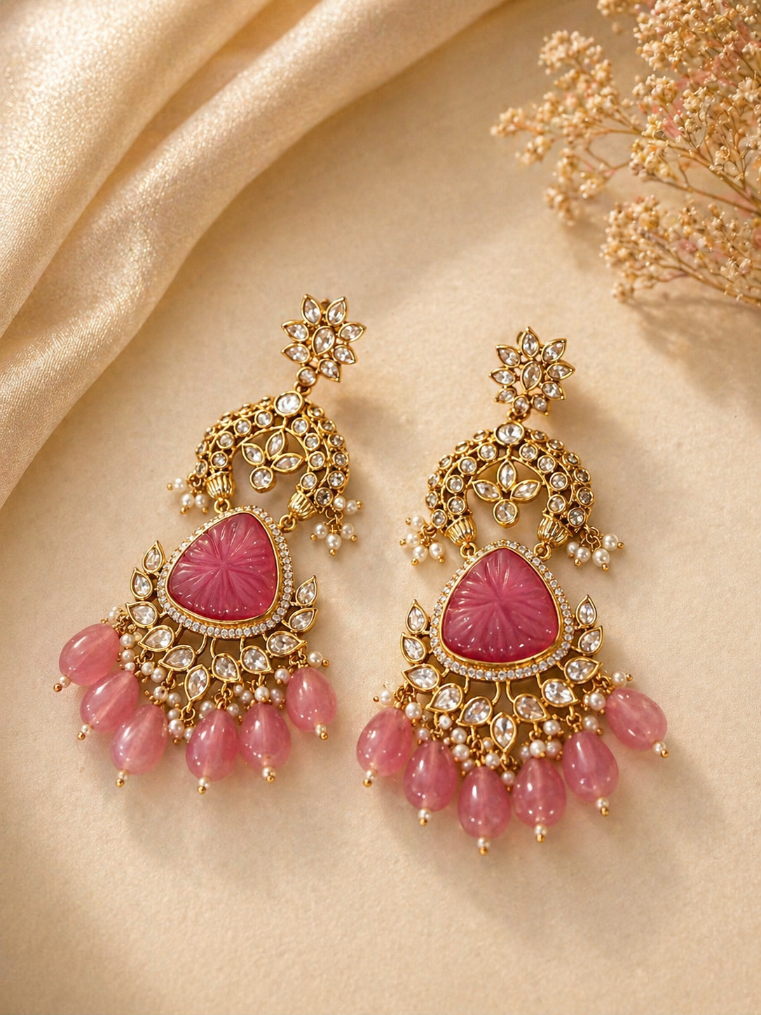 Pink stone polki chandelier earrings with pearl drops for wedding and festive wear