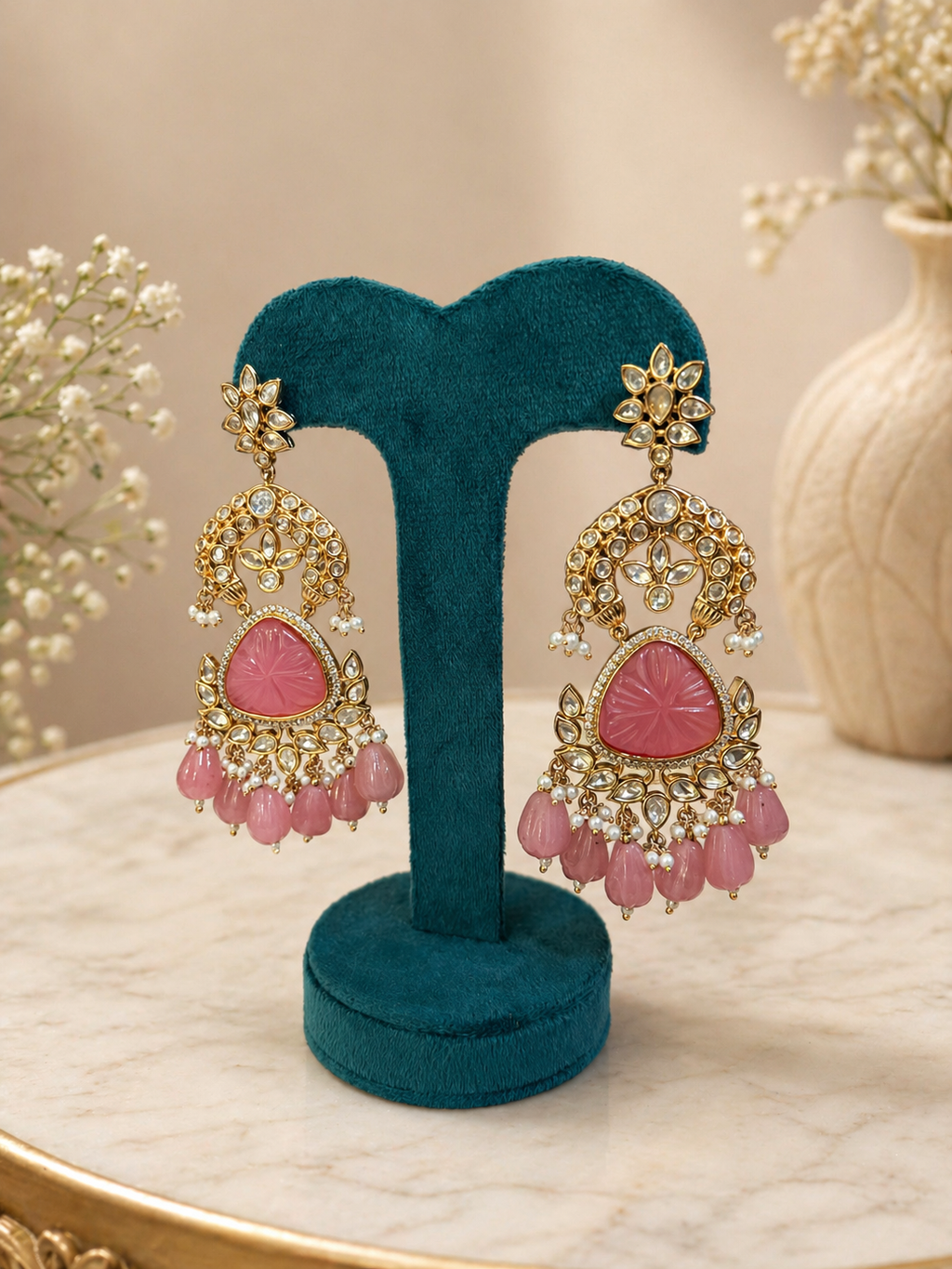 Pink stone polki chandelier earrings with pearl drops for wedding and festive wear